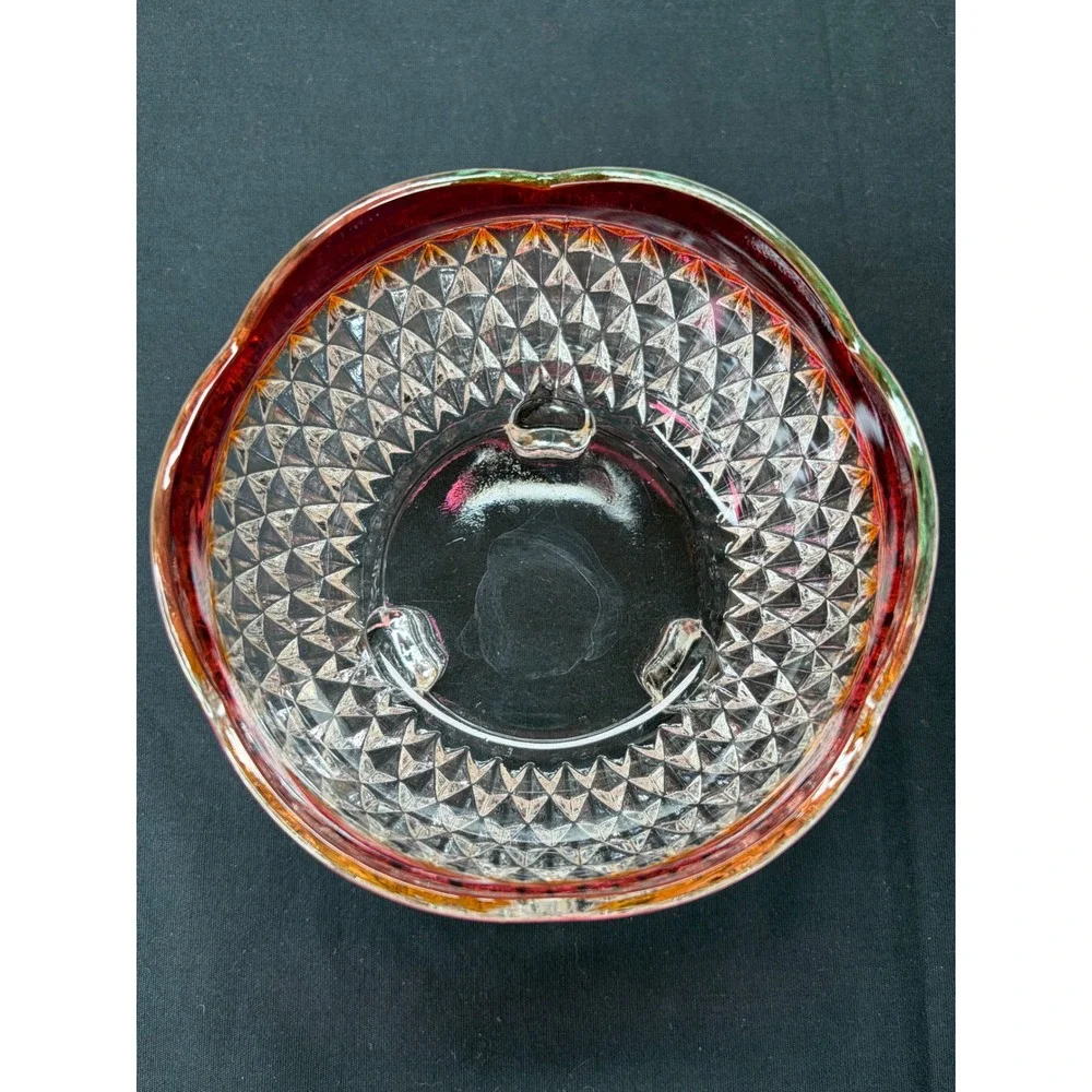 Vtg Ruby Red Flash Clear Diamond Point Pattern Footed Glass Bowl Scalloped Edge